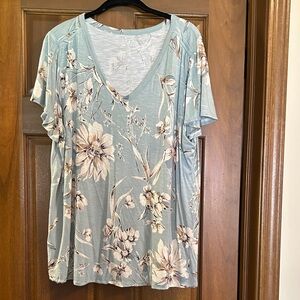 Maurices Sage Blue Floral V-Neck Short Sleeve Top